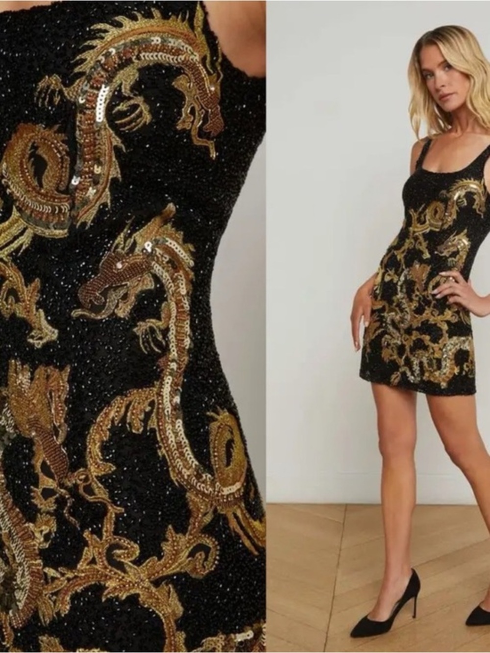 L'AGENCE Inori Sequin Embellished & Beaded Dragon Minidress